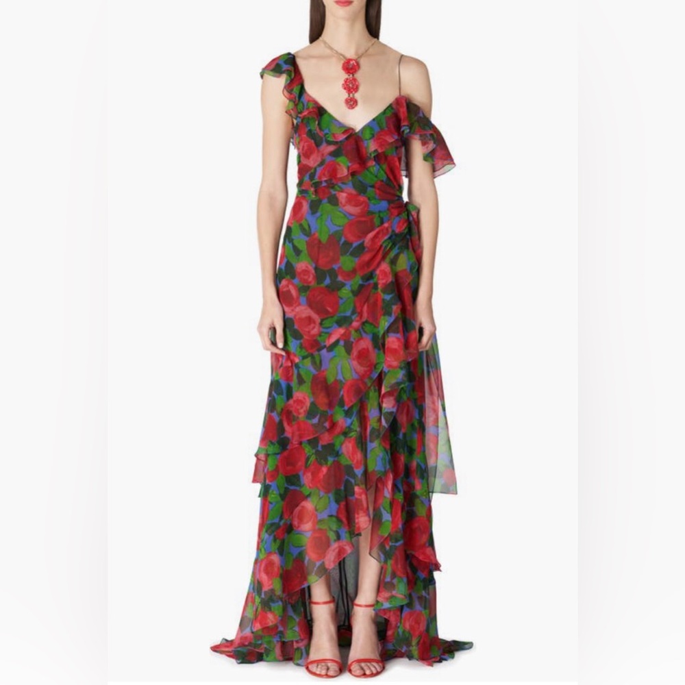 NWT $3990 Carolina Herrera Rose Print Ruffle One Shoulder Silk Gown in size 6!